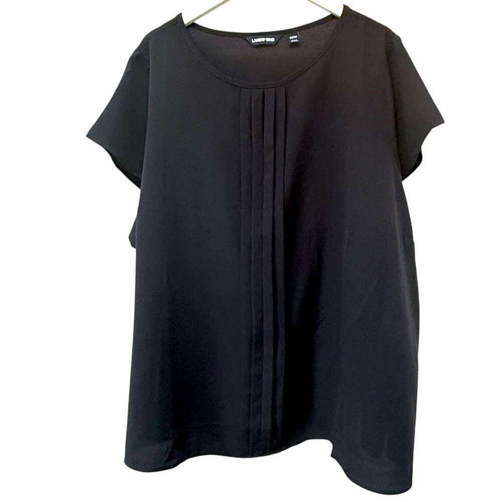 LANDS END Pintuck Blouse Womens Plus Size 30W Navy Blue Career Top Short Sleeve